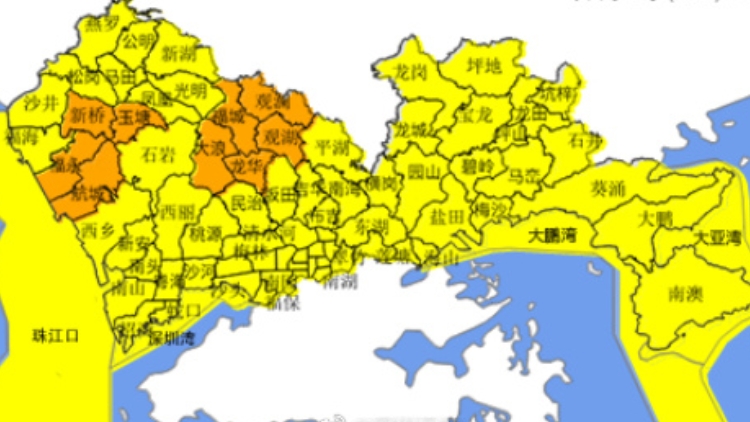 注意！深圳市分區暴雨黃色預警升級為橙色