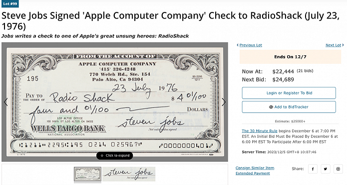 喬布斯簽名蘋果公司原始支票正在拍賣中 競拍價格已達16萬元