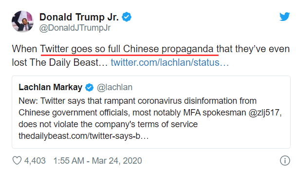 推特拒封杀中国官员账号和网帖 遭特朗普儿子抨击
