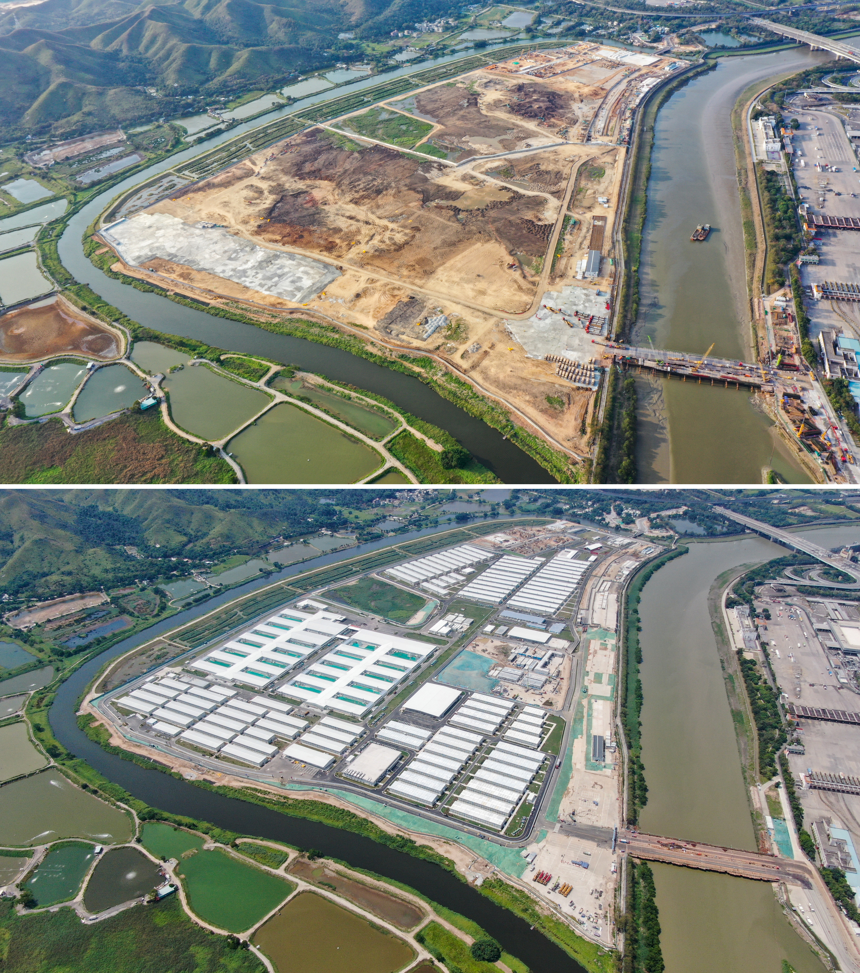 中央援港應急醫院和落馬洲方艙設施項目完工前後對比照片（無人機照片，上圖拍攝于3月6日，下圖拍攝于5月5日）。.jpg