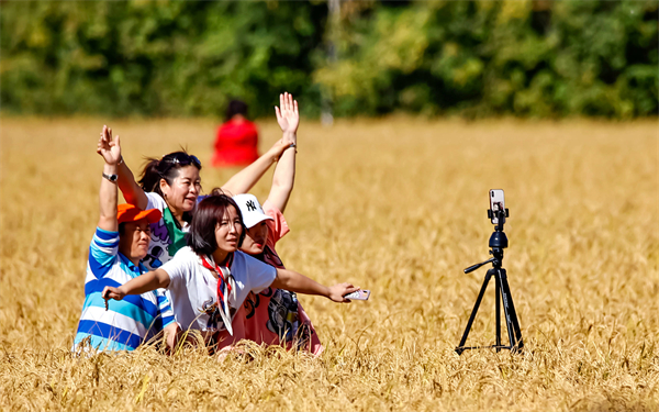 图五：游客在北大荒集团闫家岗农场有限公司农业现代化示范区自拍留念。张舒 摄.jpg