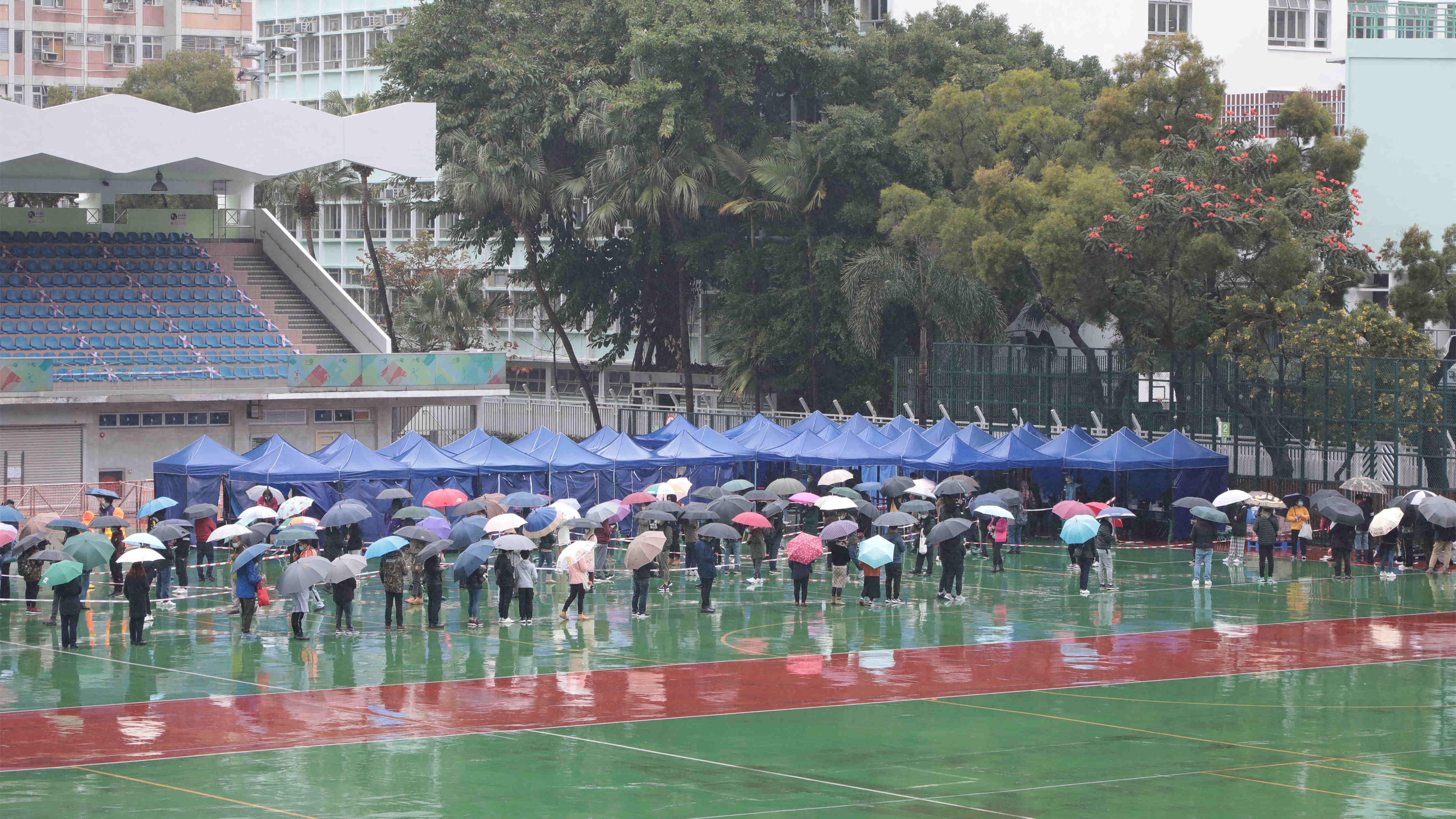 圖集｜本港持續低溫 市民冒雨排隊檢測秩序井然