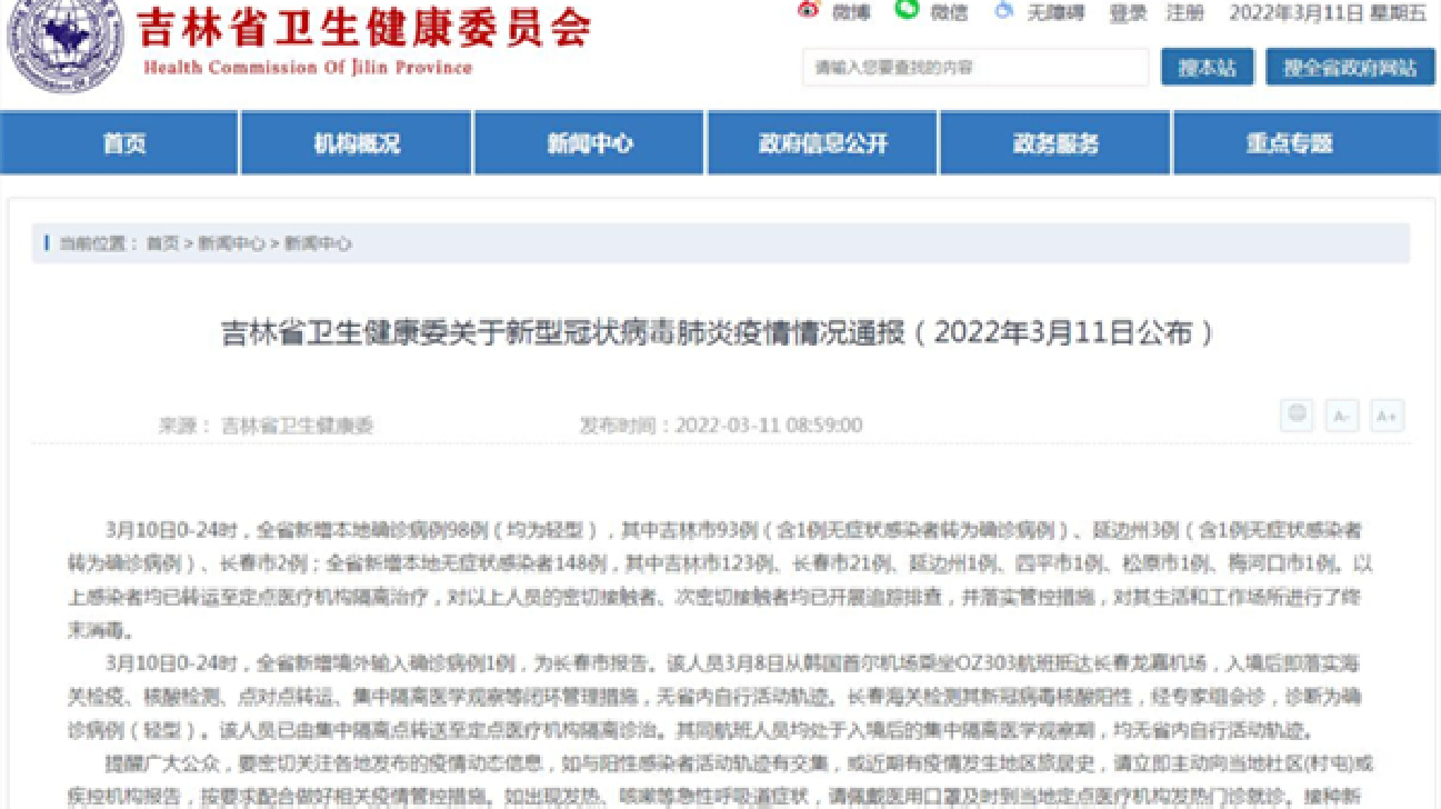 吉林省新增98例本地確診，148例無症狀感染者