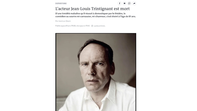 法國著名影星讓-路易·特蘭蒂尼昂去世 曾獲康城柏林影帝