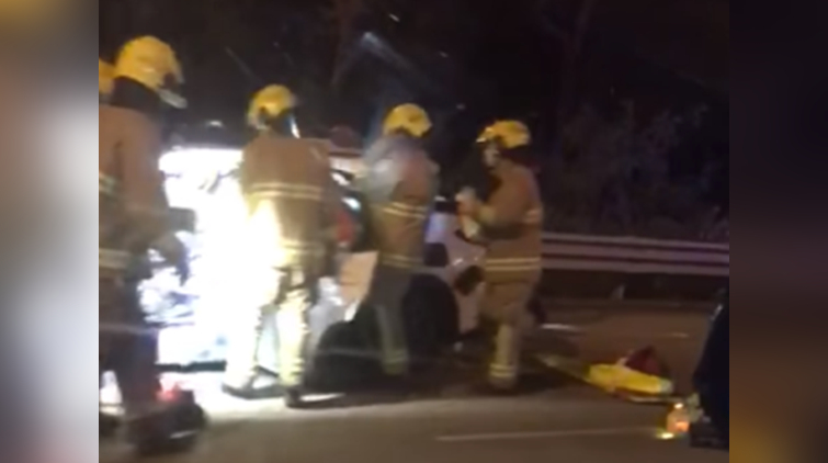 元朗私家車撼貨車釀三傷 酒駕司機棄被困女乘客逃去被擒斷正