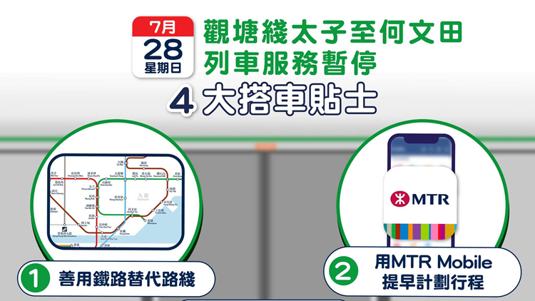 觀塘線隧道設施更新 港鐵太子至何文田站列車服務28日暫停
